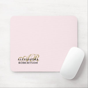 Monogram Name Pastel Pink Gold Black Minimalist  Mouse Mat