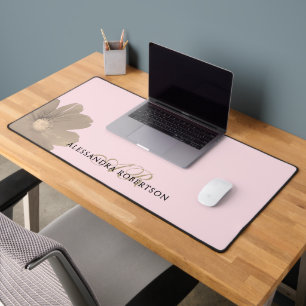 Monogram Name Pastel Pink Gold Flower Elegant Chic Desk Mat