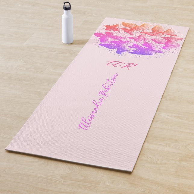 Monogram Name Pastel Pink Rainbow Gradient Birds Yoga Mat (In Situ)