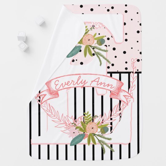 Monogram Name Peachy Pink Garland Stripes and Dots Baby Blanket