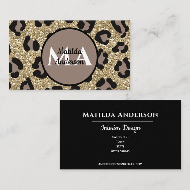 monogram name personal glitter gold animal print  business card (Front/Back)