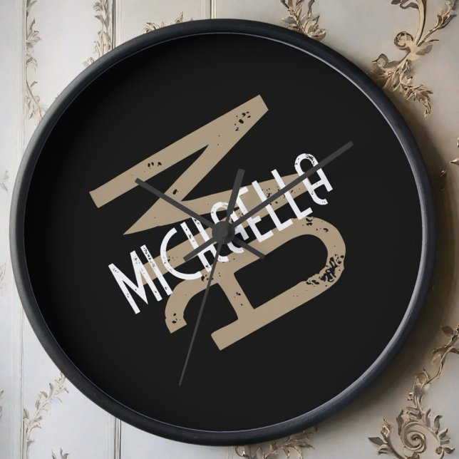 Monogram name personalised black white beige tan clock (Creator Uploaded)