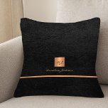 Monogram name personalized black gold elegant cushion<br><div class="desc">Luxury exclusive looking office or personal monogrammed throw pillow featuring a faux copper brushed metallic gold square with your monogram name initials and a metal look stripe over a stylish black faux leather texture (PRINTED) background. Suitable for small business office, corporate or independent business professionals, personal branding or stylists specialists,...</div>