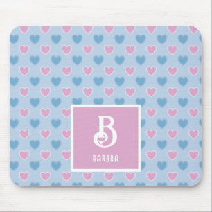 Monogram Name Pink & Blue Hearts Pattern Mouse Pad