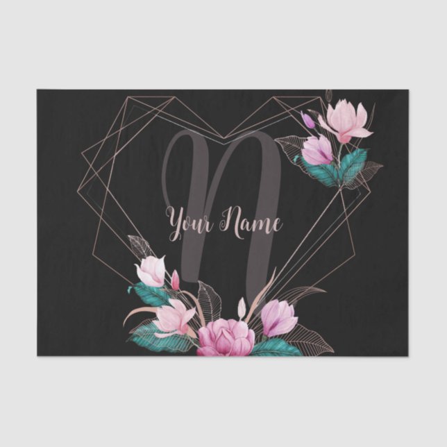 Monogram Name Pink Floral Geometric Frame Black Tissue Paper (Front)