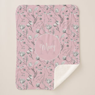 Monogram name pink floral personalised sherpa blanket