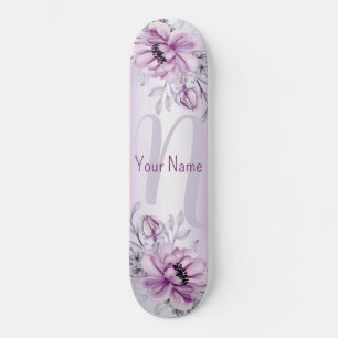Monogram Name Pink Floral Violet Purple Modern Skateboard