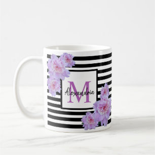 Monogram Name Pink Flower Black Stripe Coffee Mug
