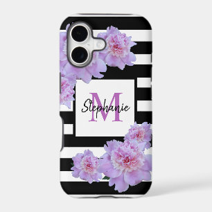 Monogram Name Pink  Flower Black Stripe Purple