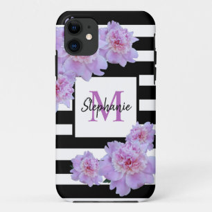 Monogram Name Pink Flower Black Stripe Purple iPhone 11 Case