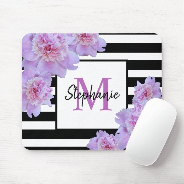 Monogram Name Pink  Flower Black Stripe Purple Mouse Mat (With Mouse)