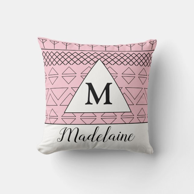 Monogram Name Pink Geometric Pattern Print Cushion (Front)