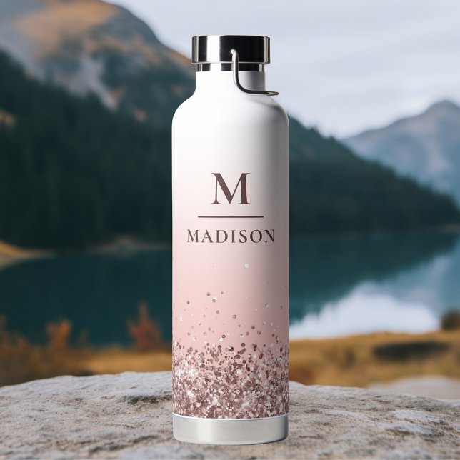 Monogram Name Pink Glitter Stylish Monogrammed Water Bottle (Creator Uploaded)