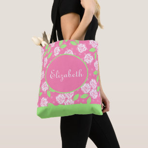 Monogram name Pink Green Shabby Chic Floral Tote Bag