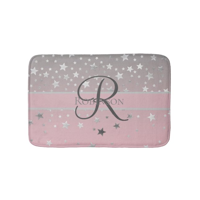 Monogram Name Pink Grey Silver Stars Trendy  Bath Mat (Front)