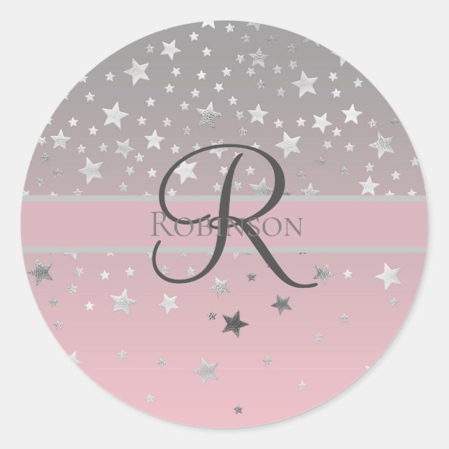 Monogram Name Pink Grey Silver Stars Trendy   Classic Round Sticker (Front)