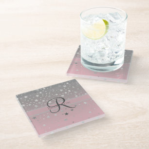 Monogram Name Pink Grey Silver Stars Trendy Glass Coaster