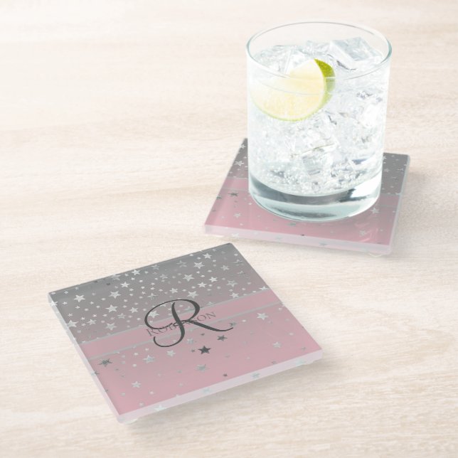 Monogram Name Pink Grey Silver Stars Trendy  Glass Coaster (Angled)