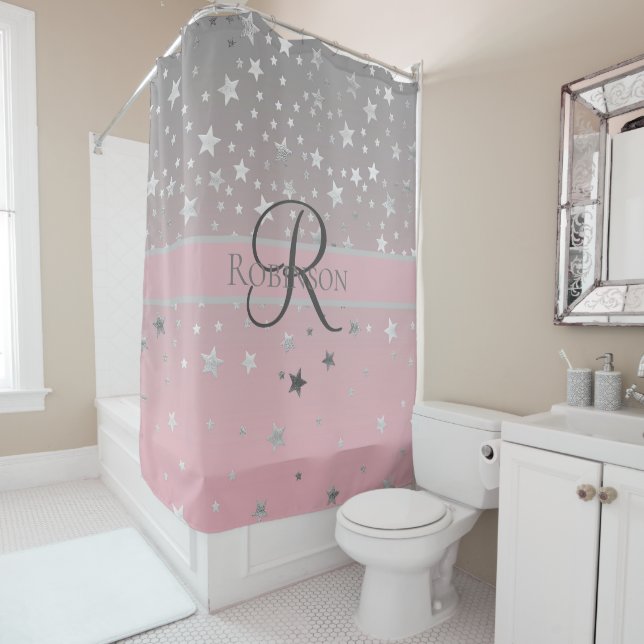 Monogram Name Pink Grey Silver Stars Trendy Shower Curtain (In Situ)