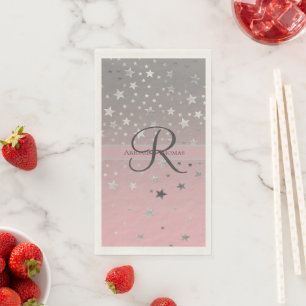 Monogram Name Pink Grey Silver Stars Wedding  Napkin