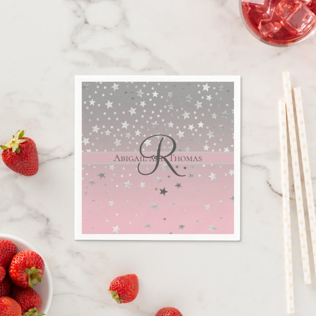 Monogram Name Pink Grey Silver Stars Wedding Napkin (Insitu)