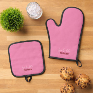 Monogram Name Pink Oven Mitt & Pot Holder Set