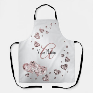 Monogram Name Pink Peach Shiny Hearts Geometric Apron