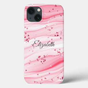 Monogram Name Pink Swirls Marble Sparkles Trendy iPhone 13 Case