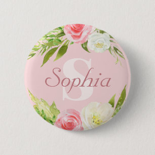 Monogram Name Pink Watercolor Floral 6 Cm Round Badge