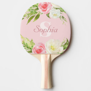 Monogram Name Pink Watercolor Floral Ping Pong Paddle