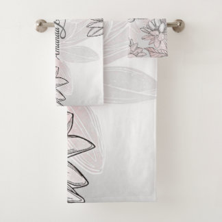 Monogram Name Pink White Flowers Watercolor Silver Bath Towel Set