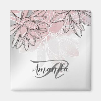 Monogram Name Pink White Flowers Watercolor Silver Magnet