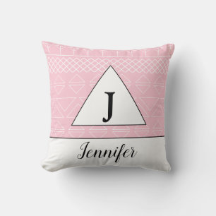 Monogram Name Pink White Geometric Pattern Cushion
