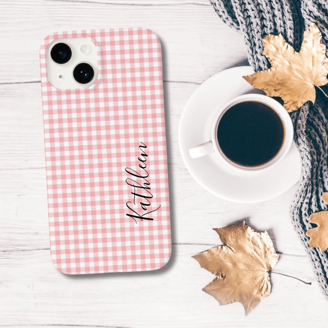 Monogram Name Pink White Gingham Check Plaid Case-Mate iPhone Case (Monogrammed Pink White Gingham iPhone case)