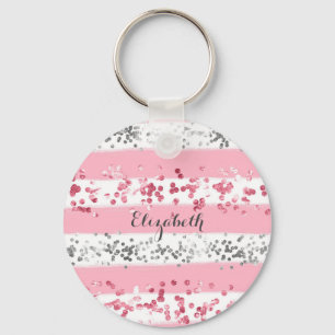 Monogram Name Pink White Grey Glitter Girly Trendy Key Ring