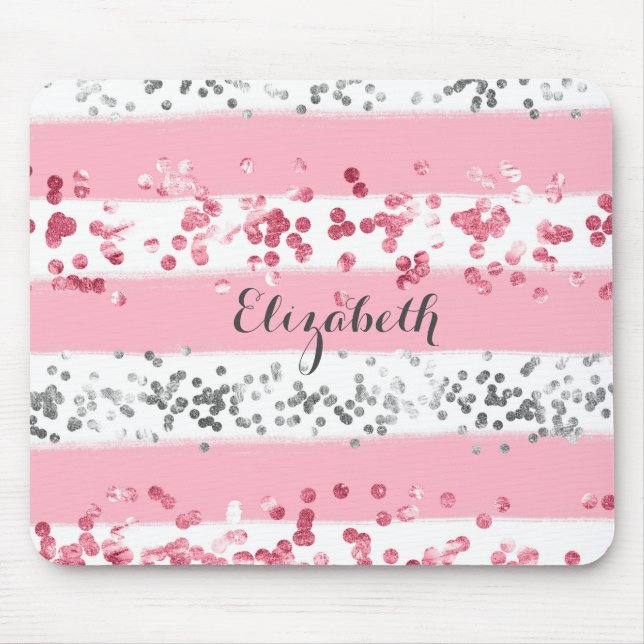 Monogram Name Pink White Grey Glitter Girly Trendy Mouse Mat (Front)