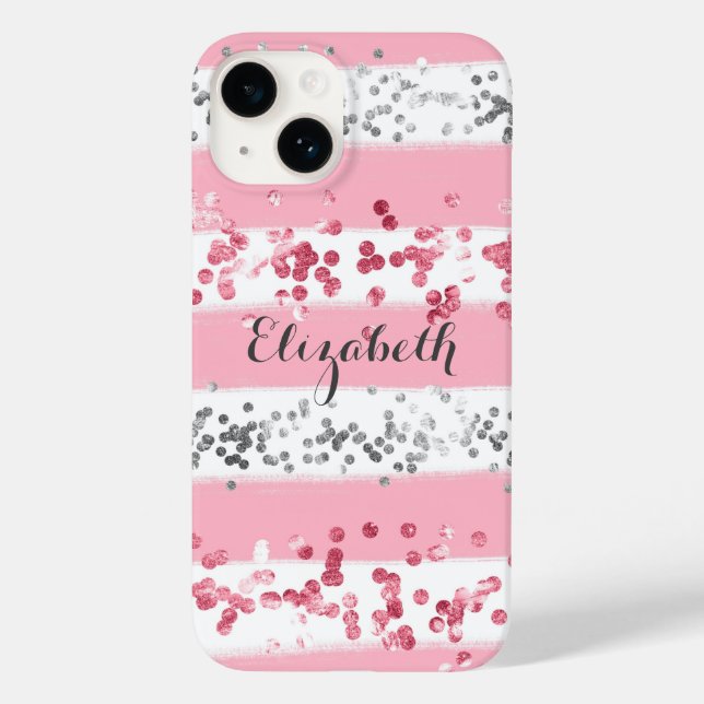 Monogram Name Pink White Grey Glitter Trendy Case-Mate iPhone Case (Back)