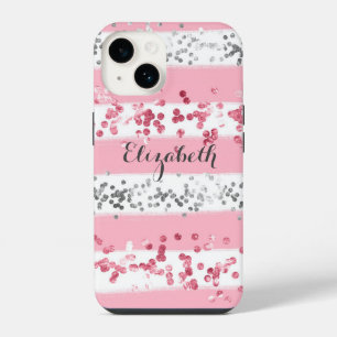 Monogram Name Pink White Grey Glitter Trendy iPhone 14 Case