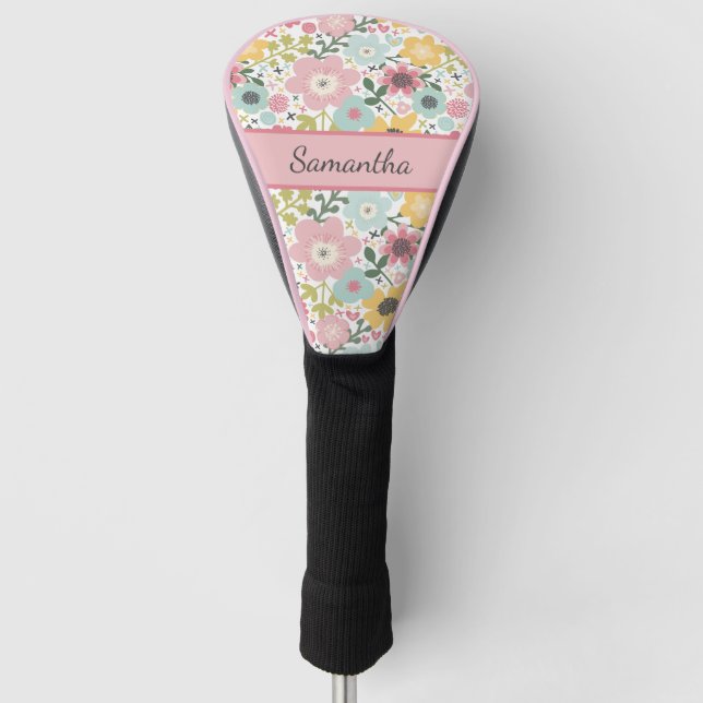 Monogram Name Pink Yellow Blue Floral Feminine Golf Head Cover (Front)