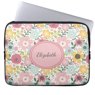 Monogram Name Pink Yellow Blue Floral Feminine  Laptop Sleeve