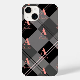Monogram Name Plaid Gray Black Pink Case-Mate iPhone 14 Case