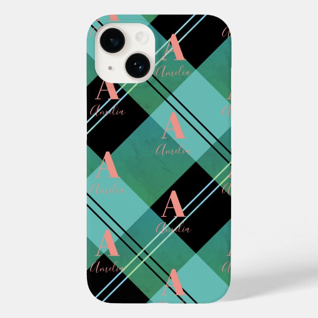 Monogram Name Plaid Green Case-Mate iPhone Case (Back)