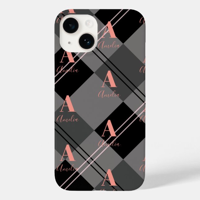 Monogram Name Plaid Grey Black Pink Case-Mate iPhone Case (Back)