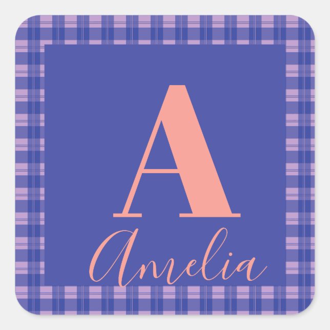Monogram Name Plaid Purple Pink Birthday Gift Tag (Front)