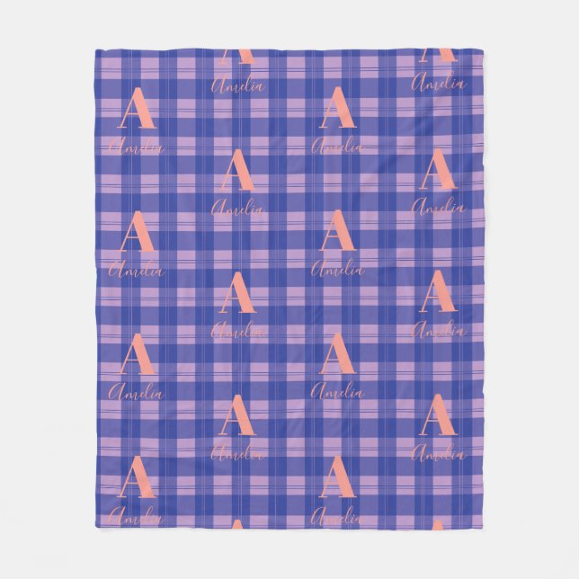 Monogram Name Plaid Purple Pink Fleece Blanket (Front)