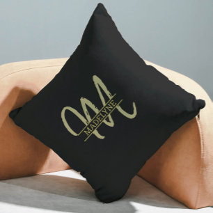Monogram Name Plain Minimal Feminine Black & Gold Cushion