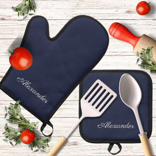 Monogram Name Plain Solid Navy Blue coloured Oven Mitt & Pot Holder Set