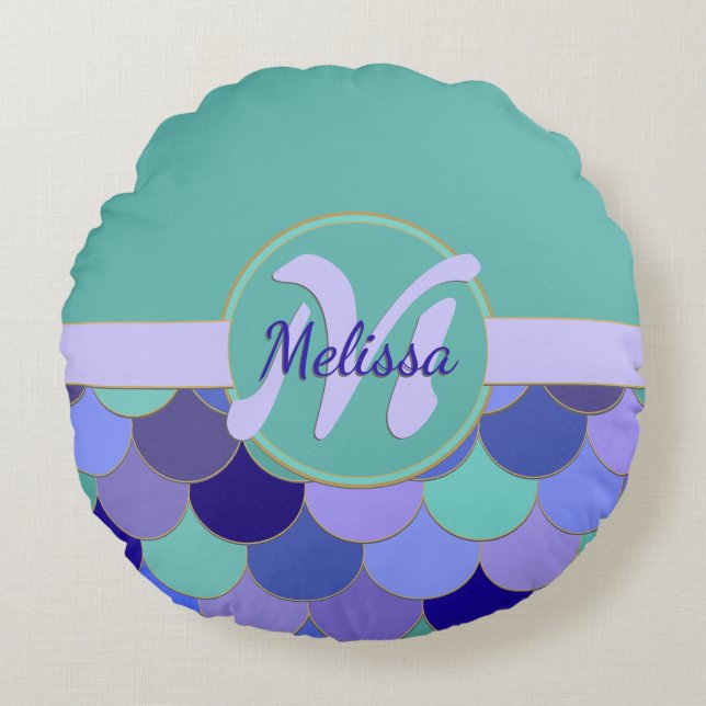 Monogram + Name Purple & Aqua Teal #Mermaid Scales Round Cushion (Front)
