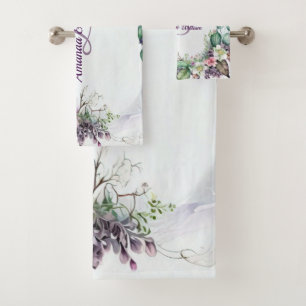 Monogram Name Purple Floral Green Foliage Rustic Bath Towel Set