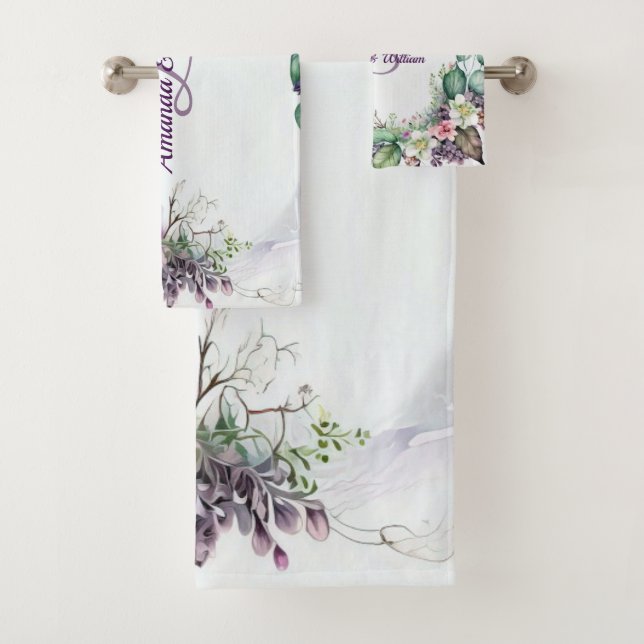 Monogram Name Purple Floral Green Foliage Rustic Bath Towel Set (Insitu)